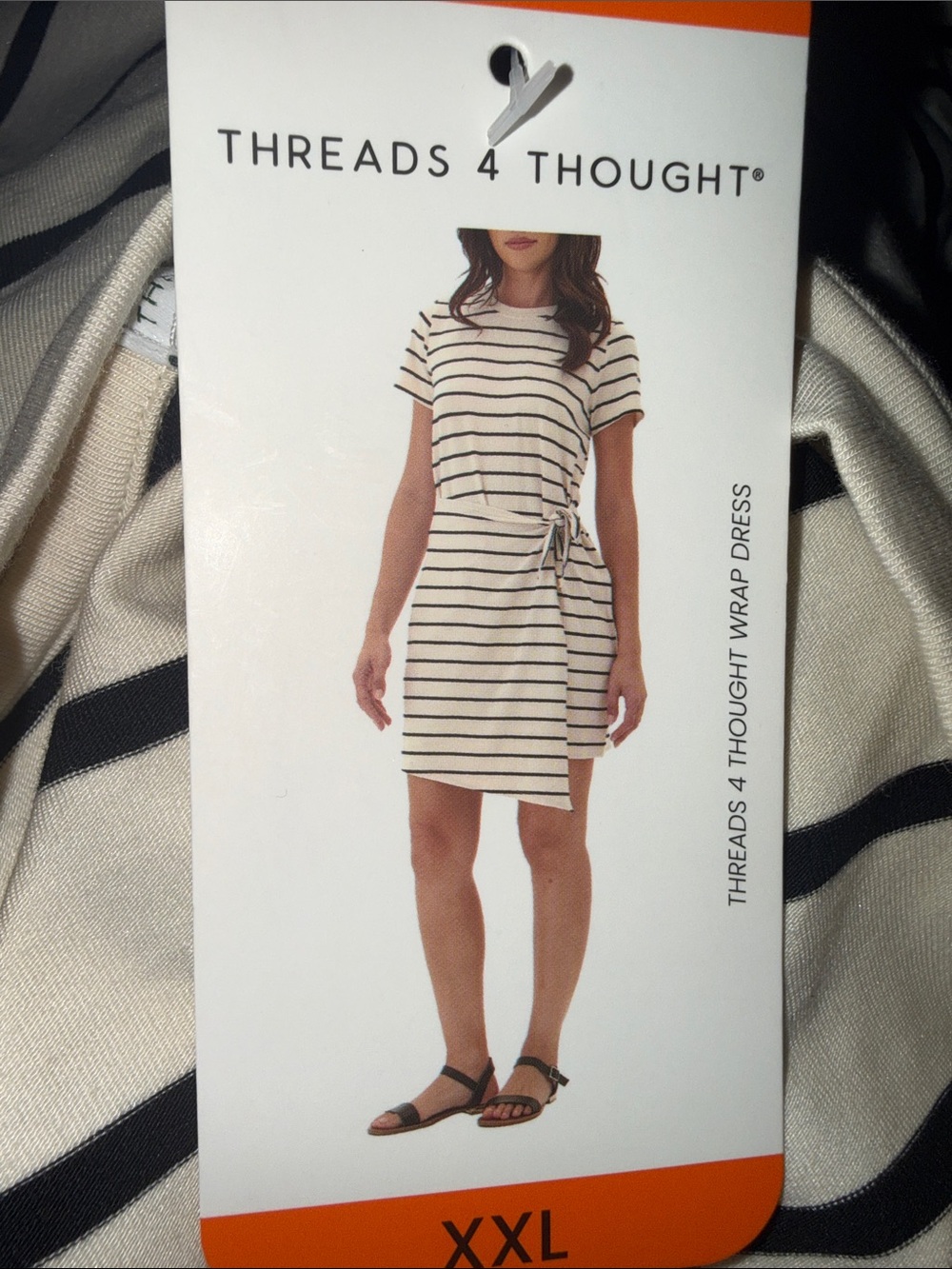 Threads 4 Thought Cream and Black Striped Tie-Waist Mini Dress